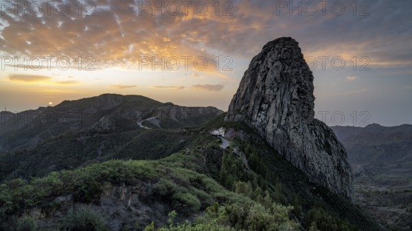 Roque de Agando rock tower at sunrise, Monumento Natural de los Roques, La Gomera, Canary Islands,