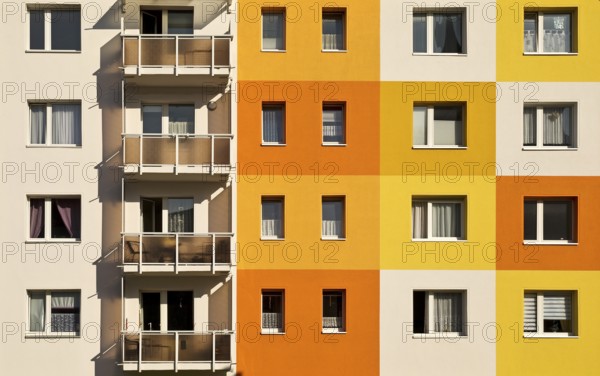 Geometrically and colourfully designed apartment buildings of a housing association, Halberstadt,