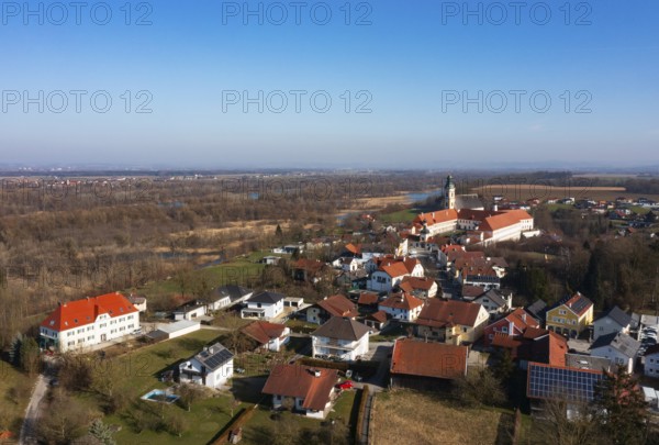 Drone shot, view of the village with Augustinian monastery Reichersberg, Reichersberg, Innviertel.