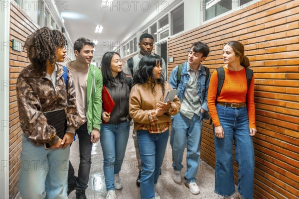 Group of diverse university students walking down school hallway, discussing and collaborating on