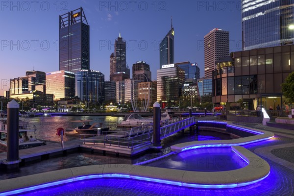 Skyline at Elisabeth Quay, blue hour, blue hour, harbour, Perth, State of Western Australia,