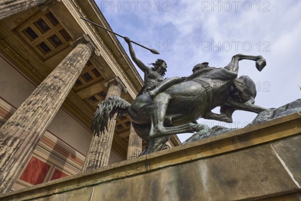 Equestrian statue against cloudy sky and Altes Museum, Berlin, capital, independent city, federal