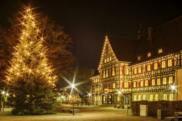 The festively decorated town hall of Münsingen at Christmas time, Swabian Alb, Reutlingen district,