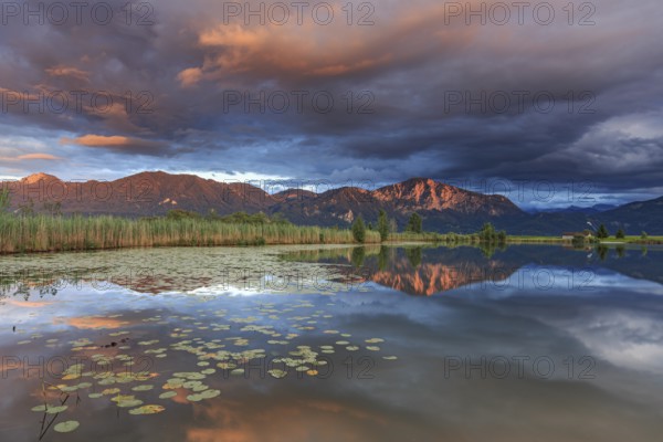 Mountains reflected in lake, cloudy mood, evening light, peace, silence, Loisach-Lake Kochel moor,