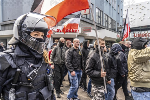 The neo-Nazi group Jung und Stark, JS, demonstrates in the city centre of Essen, demanding the