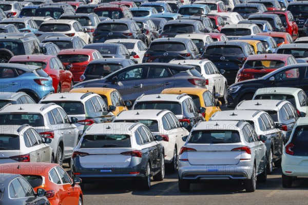 Duisburg, North Rhine-Westphalia, Germany - New cars, transhipment centre, car terminal in Duisburg