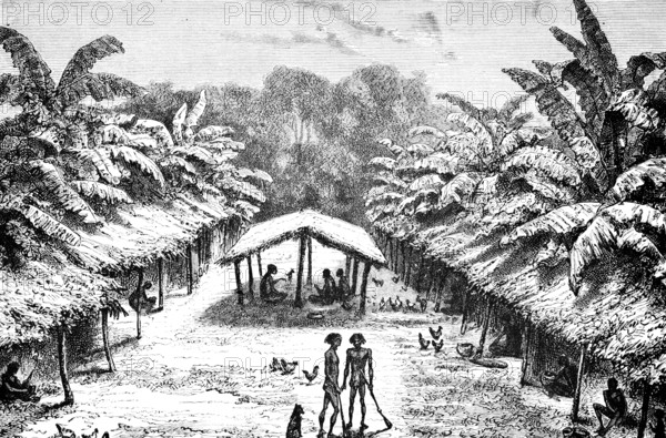 Native village on the Gabon River, open huts, people sitting in the shade, tropical climate, palm