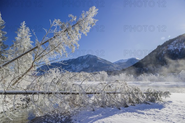 Isar valley in winter at temperatures of minus 18 degrees Celsius. Snow covered landscape with the