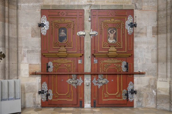 The rectory portal in the late Gothic hall church of St George, Dinkelsbühl, Bavaria, Germany,