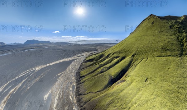 Aerial view, Mælifell mountain covered with moss, Maelifell, black sand desert Mælifellssandur,