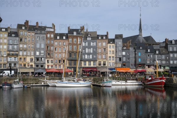 Honfleur, Normandy, France - Boats on the Quai Sainte-Catherine in the old harbour, Vieux Bassin,