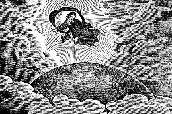 The creation of the world, creation story, God in heaven hovers over the earth, rays of light,