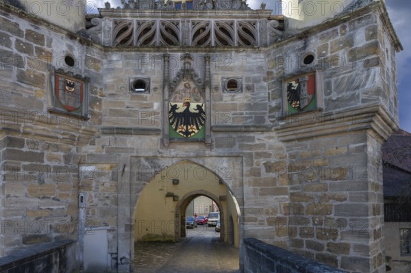 Medieval Elling Tor with imperial coat of arms, Weissenburg, Middle Franconia, Bavaria, Germany,