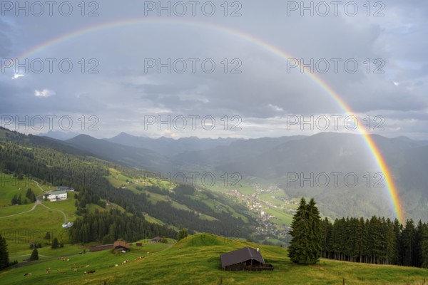 View over the Brixen Valley with rainbow, Hochbrixen, Brixen im Thale, Kitzbühel Alps, Tyrol,