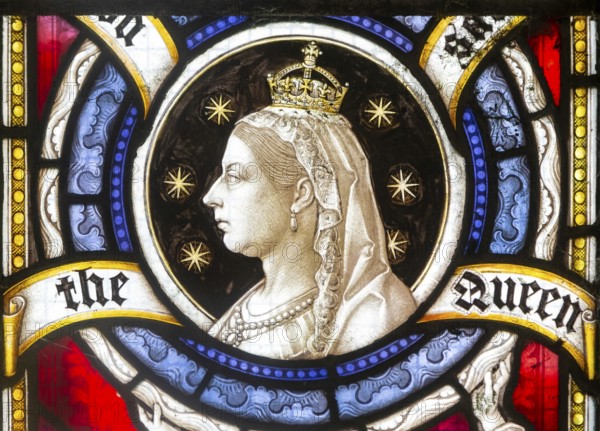 Stained glass window commemorating 60th year of reign of Queen Victoria, Boulge church, Suffolk,