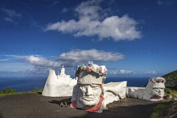 White sculpture made of scrap metal and plaster Homenaje a La Bajada near Valverde, capital of the