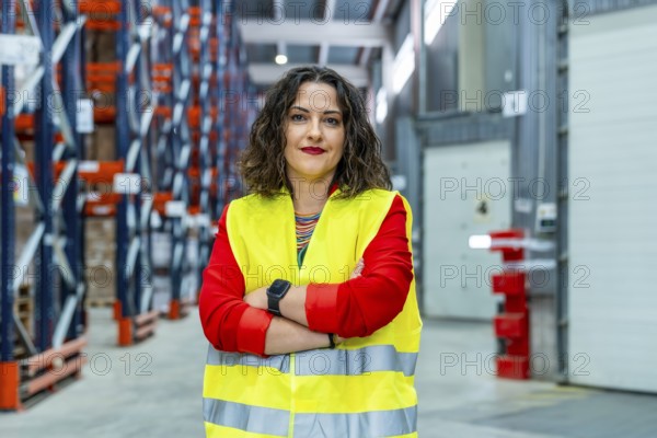 Portrait of a female worker in a distribution warehouse wearing safety waistcoat looking proud