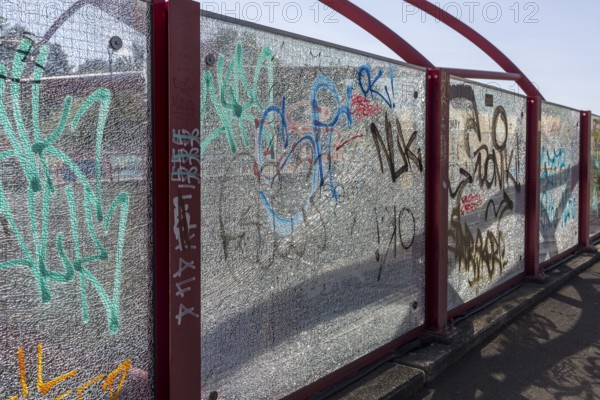 Laminated safety glass, VSG, with glass cracks and letters smeared on it, Zwickau, Saxony, Germany,