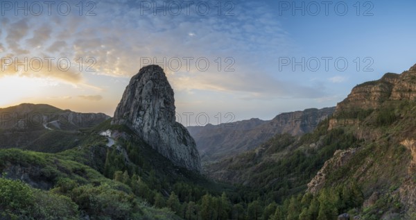 Roque de Agando rock tower at sunrise, Monumento Natural de los Roques, La Gomera, Canary Islands,