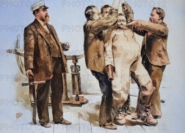 Dressing of a diver in 1885, England, Historic, digitally restored reproduction of a 19th century