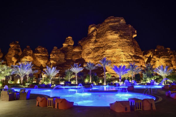 Shaden Resort by night, AlUla, Medina Province, Saudi Arabia, Arabian Peninsula, Asia