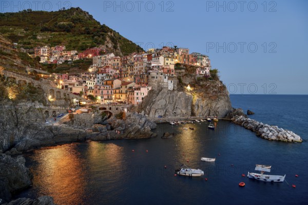 Fishing village of Manarola, blue hour, blue hour, district of Riomaggiore, Cinque Terre, province