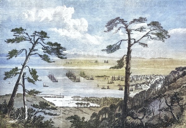 The port of Hiogo with the English and American fleets, at anchor, 1869, Japan, Historic, digitally