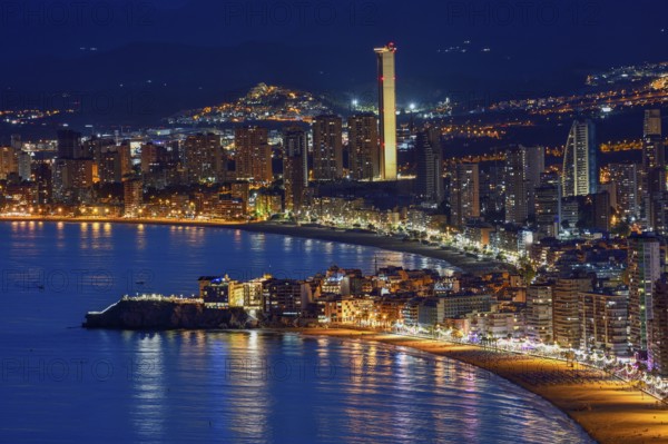 View over Benidorm and the Playa Levante, blue hour, Benidorm, Costa Blanca, Valencia country,