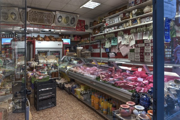 Grocery shop with meat counter in the historic centre, Genoa, Italy, Europe