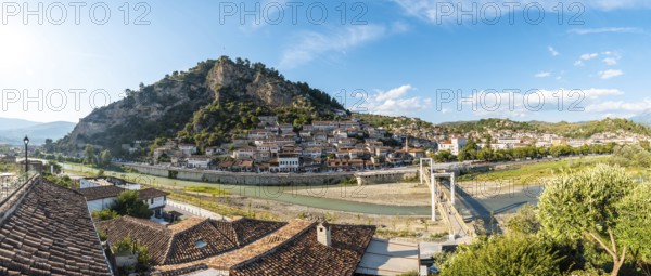Panoramic of the historic city of Berat in Albania its castle above, UNESCO World Heritage Site,