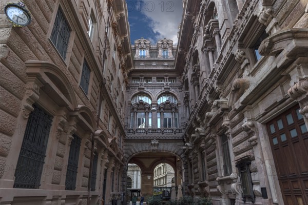 Courtyard façades of the Palazzo della Borsa, built between 1907 and 1912, in Piazza de Ferrari,