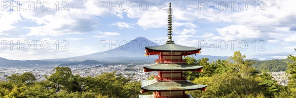 View of Mount Fuji with Chureito Pagoda in Arakurayama Sengen Park Panorama in Shimoyoshida, Japan,