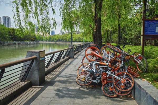 CHENGDU, CHINA, APRIL 15, 2018: Mobike bikes for share parked in Chengdu, Sichuan, China, Asia