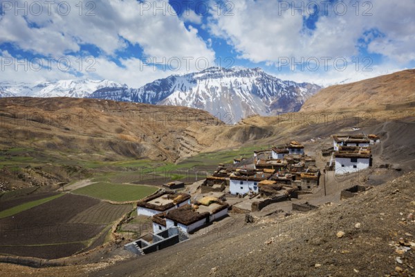 Comic village in Himalayas. Spiti Valley, Himachal Pradesh, India, Asia