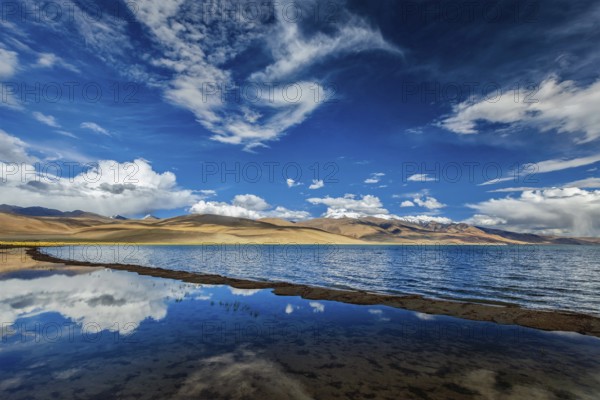 Himalayan lake Tso Moriri on sunset, Korzok (Changthang area), Ladakh, Jammu and Kashmir, India,