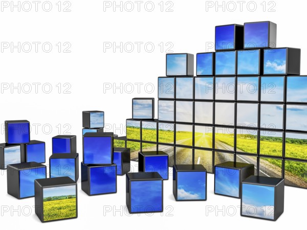 Travel concept background, cubes with beautiful landscape road in blooming spring meadow on sunset