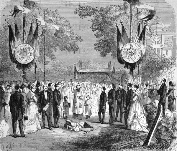 Laying of the foundation stone for the typographical villa founded in Livry-Gargan, 1869, France,
