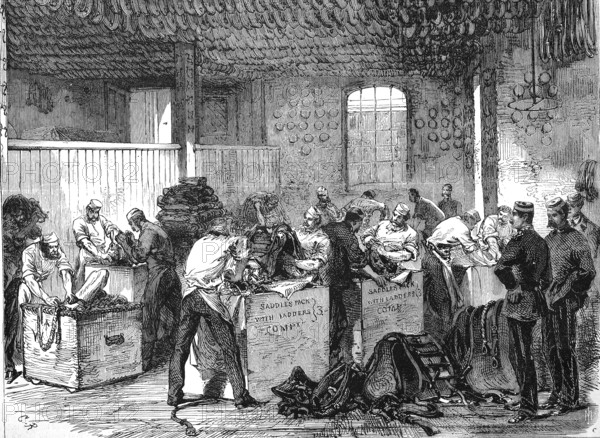 Workers at Woolwich Arsenal prepare to equip the cavalry for the Abyssinia Expedition, 1869,