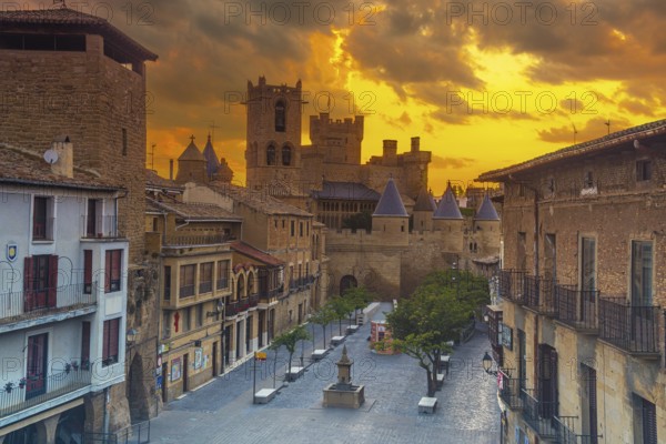 Incredible sunrise of the Royal Palace of the medieval town of Olite from above, in the south of