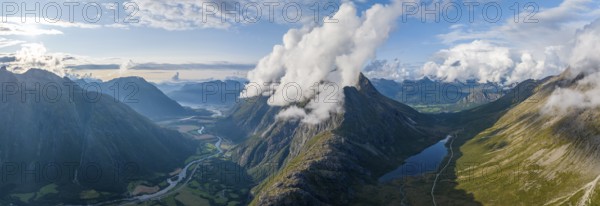 View of the valleys Romsdalen and Venjesdalen, river Rauma, mountain Romsdalseggen, Åndalsnes, Møre