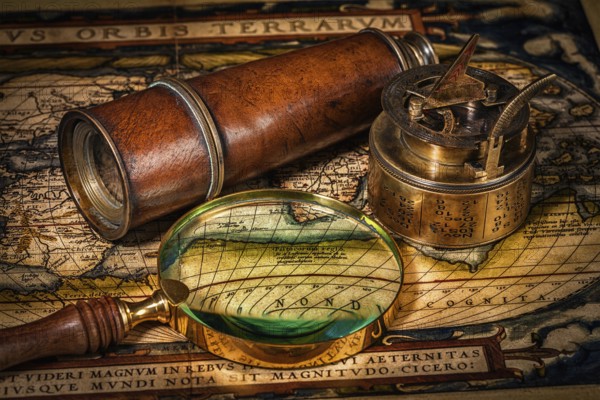 Travel geography navigation concept background, old vintage retro compass with sundial, spyglass