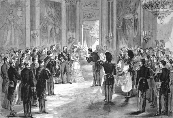 Stay of the Court in Compiegne, the Empress's Feast. The officers present the Empress with bouquets