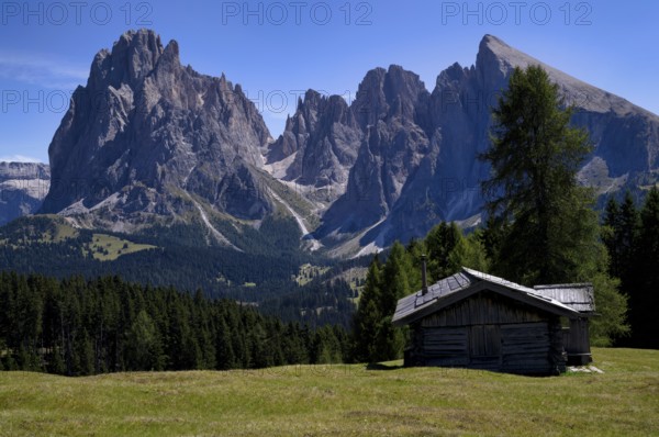 Alpine hut in front of the Langkofel and Plattkofel mountains, Alpe di Siusi, South Tyrol, Italy,