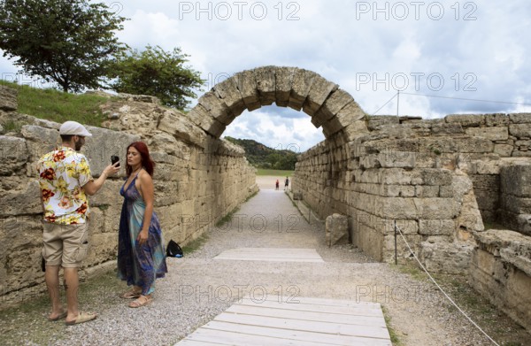 Monumental entrance to the stadium, crypt, ancient ruins of the archaeological site of Olympia,