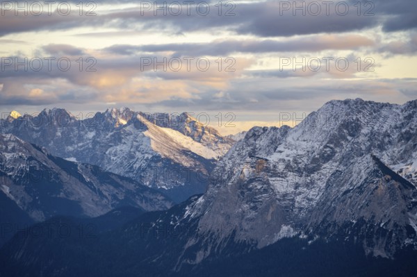 Pleisenspitze in the Karwendel mountains, mountain panorama with snow at sunset, in autumn, view