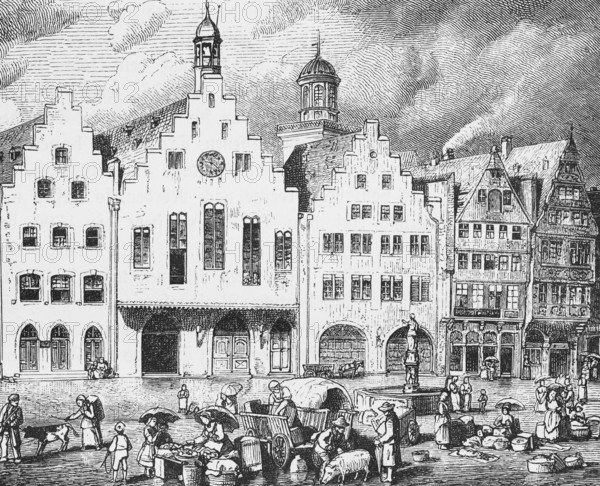 The Römer in Frankfurt am Main, town hall with stepped gable facade, Römerberg with fountain, sale