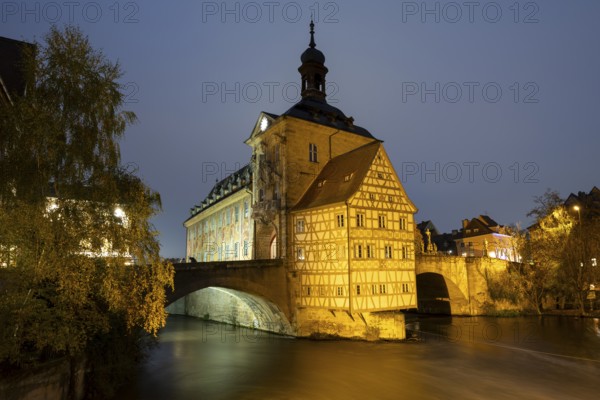 The old town hall on the river Regnitz, Blue Hour, Bamberg, Upper Franconia, Bavaria, Germany,