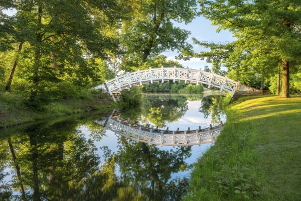 The Chinese or White Bridge in Wörlitz Park in the evening light, Garden Kingdom Dessau-Wörlitz,