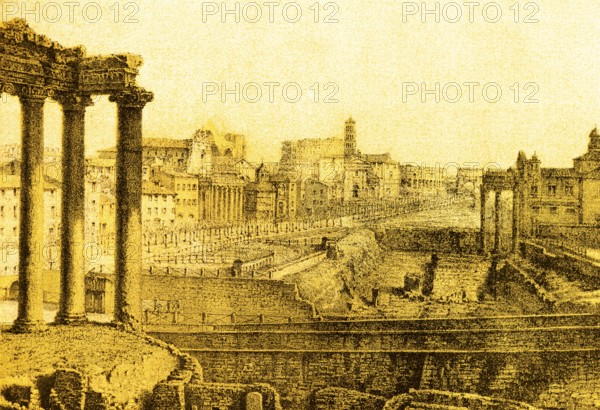 View of ancient Rome from the Roman Forum, ruins, cityscape, columns, houses on the hillside,