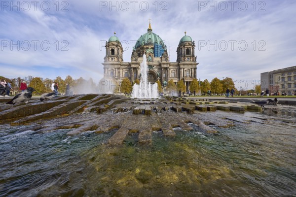 Fountain in the Lustgarten from the frog's perspective and the Berlin Cathedral, Berlin, capital